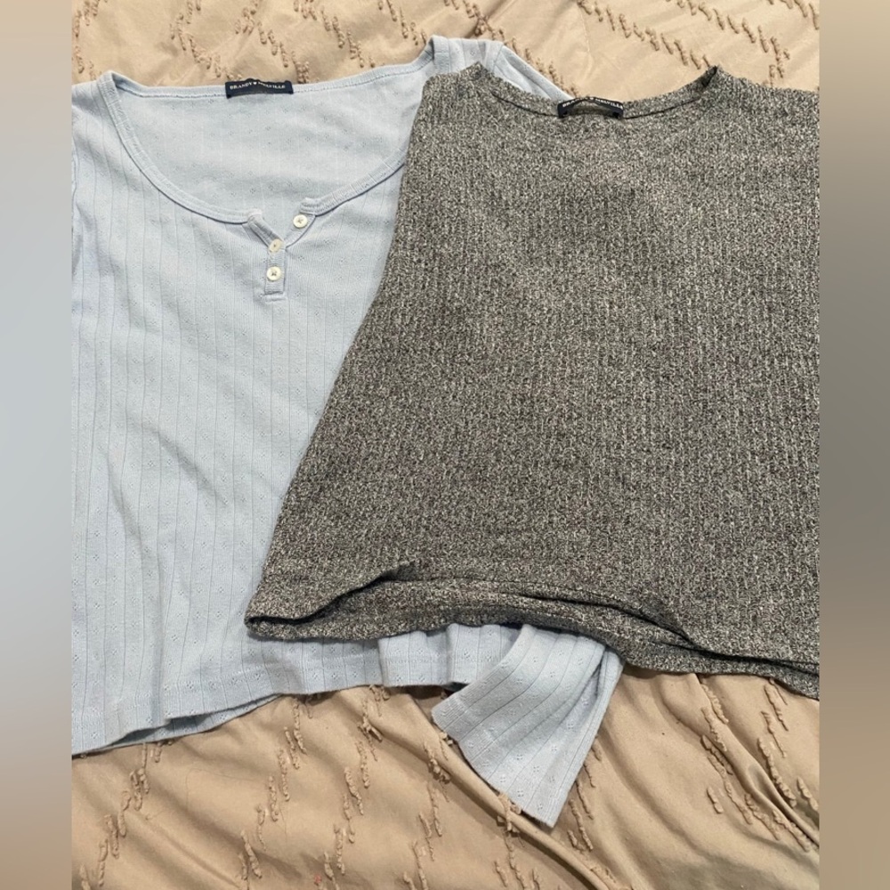 Brandy Melville Light Blue Ribbed Henley Top & Gray Knit t shirt Set